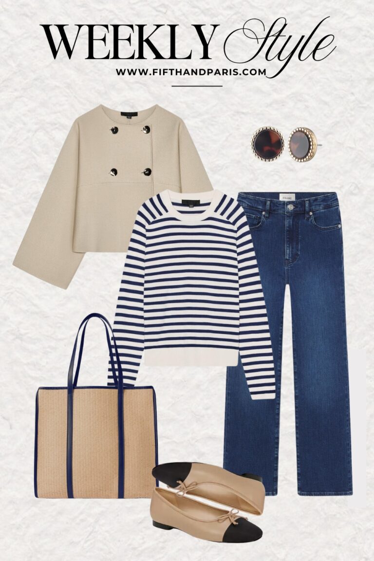 weekly style, French style, Parisian style, cropped trench coat, striped tee, high rise denim, market tote, tortoise earrings