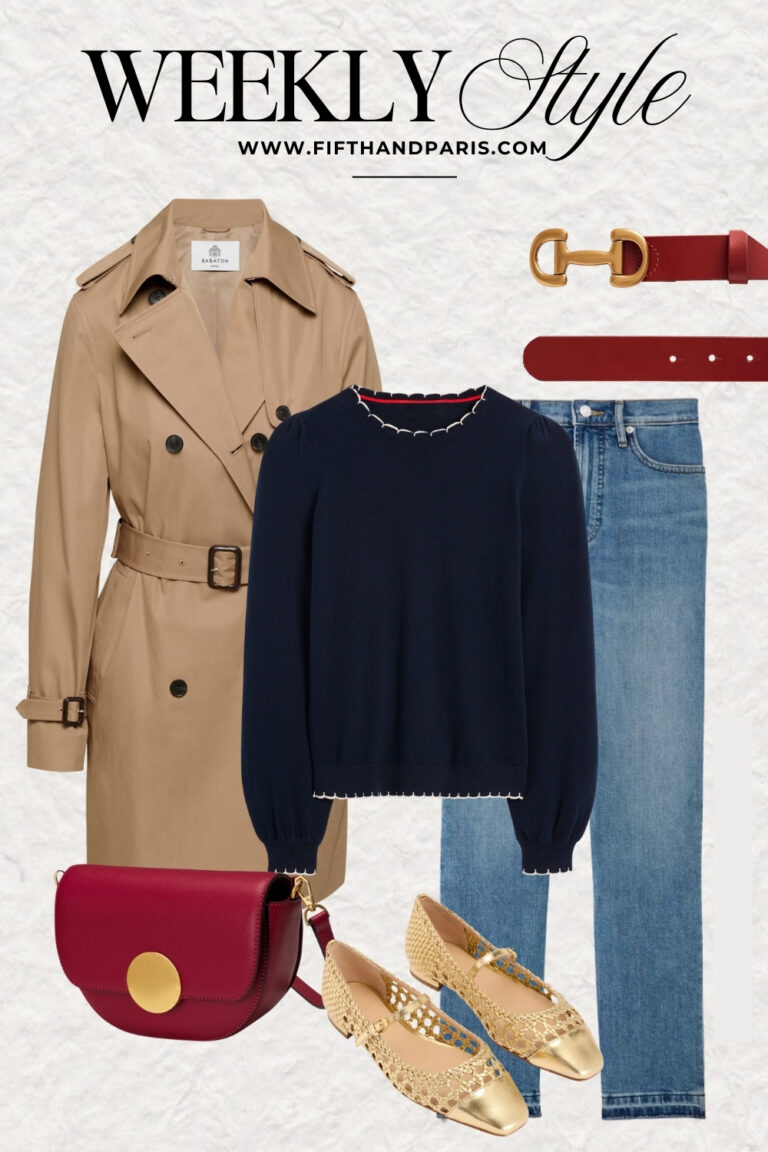 weekly style, French style, Parisian style, trench coat, navy scalloped trim sweater, straight leg denim, gold woven mary janes, red handbag, red belt