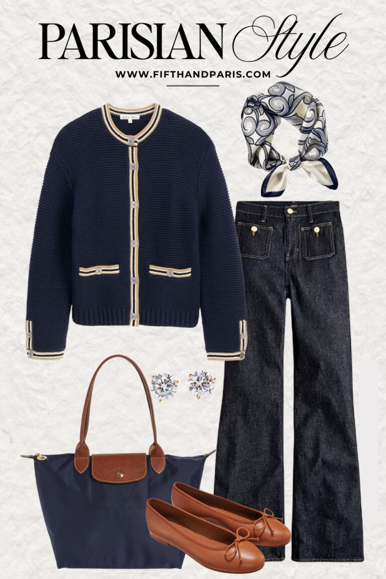 weekly style, French style, Parisian style, cardigan sweater sailor denim, long champ tote, mulberry silk scarf diamond earrings, butterscotch ballet flats