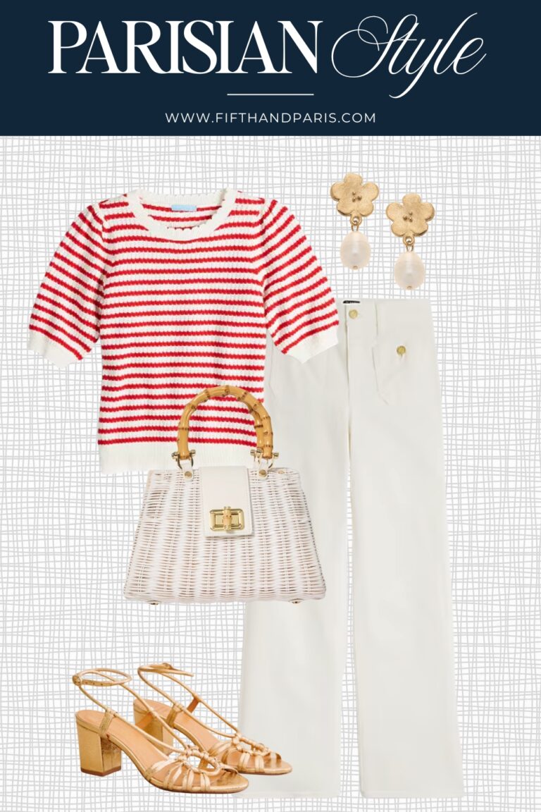 savoir saturday, What to wear, parisian style, weekly style, classic style, french fashion, red and white striped short sleeve sweaterm white denim sailor jeans, basket handbag, gold gloria sezane sandals, susan shaw earrings