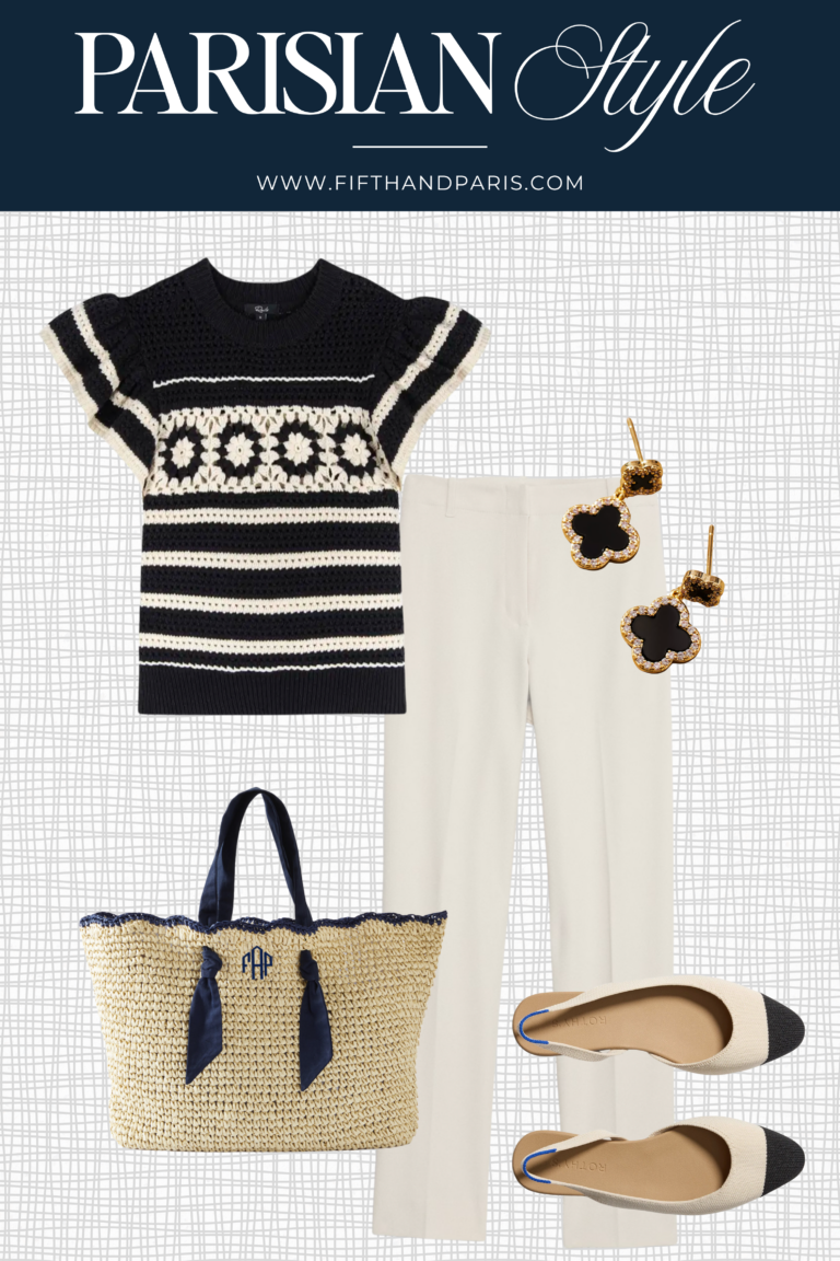 french style, parisian style, french fashion, French outfits, Rails Penelope Crochet Stripe Top, Banana Republic (US) High-Rise Modern Slim Refined Ankle Pant, Rothy's The Almond Slingback in Conch Captoe Women's Flat, Anthropologie (US) Clover Drop Earrings, Mark and Graham Ribbon Scalloped Raffia Tote