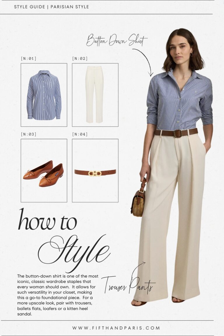 How to style a button down shirt with cream trousers, brown ballet flats and belt for a classic Parisian outfit look