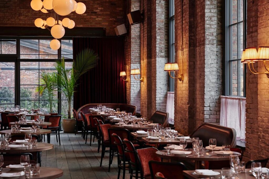 Chic French interior at Le Crocodile, a Williamsburg gem among NYC romantic restaurants.