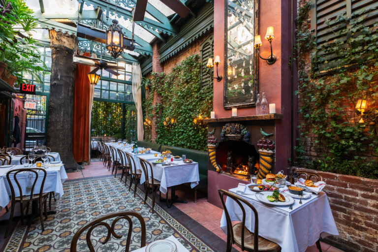 Nyc romantic restaurant showing a covered loggia with skylight