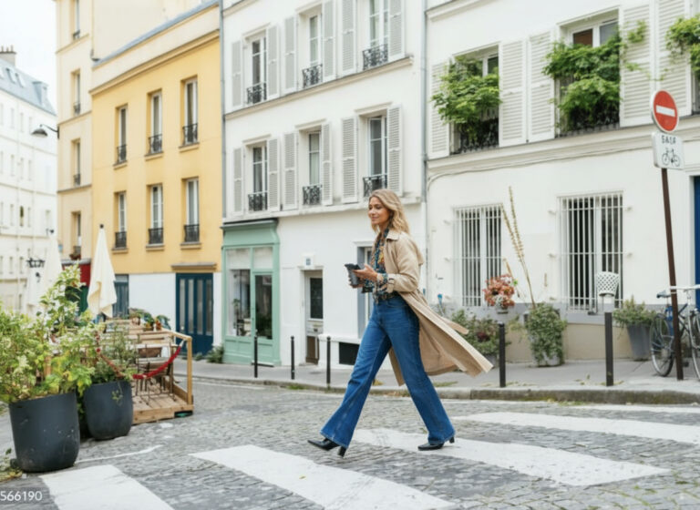Parisian style for women over 40 - woman in blue wide-leg jeans and patterned blouse walking cobblestone street in Paris