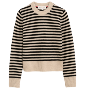Fifth and Paris 20 Cream and black striped cashmere sweater fall outfit for women over 40 what to wear