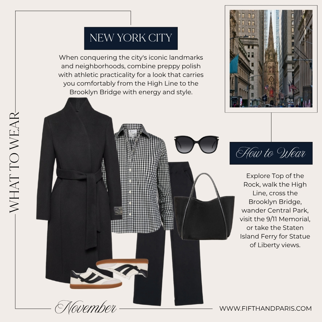 What to wear in NYC for sightseeing with striped button-down, trousers, sneakers, and wool coat