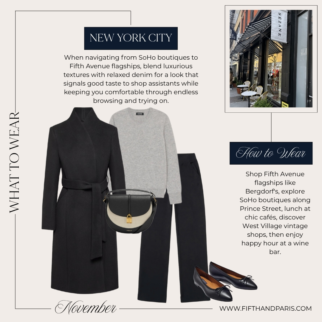 What to wear in NYC to museums with grey cashmere sweater, black trousers, boots, and wool coat
