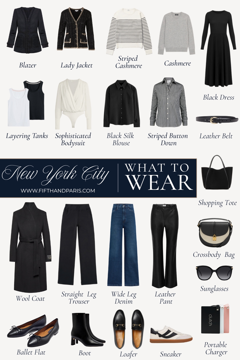 What to wear in NYC 23 piece fall capsule wardrobe with blazer, dresses, cashmere sweaters, denim, leather pants, boots, and accessories