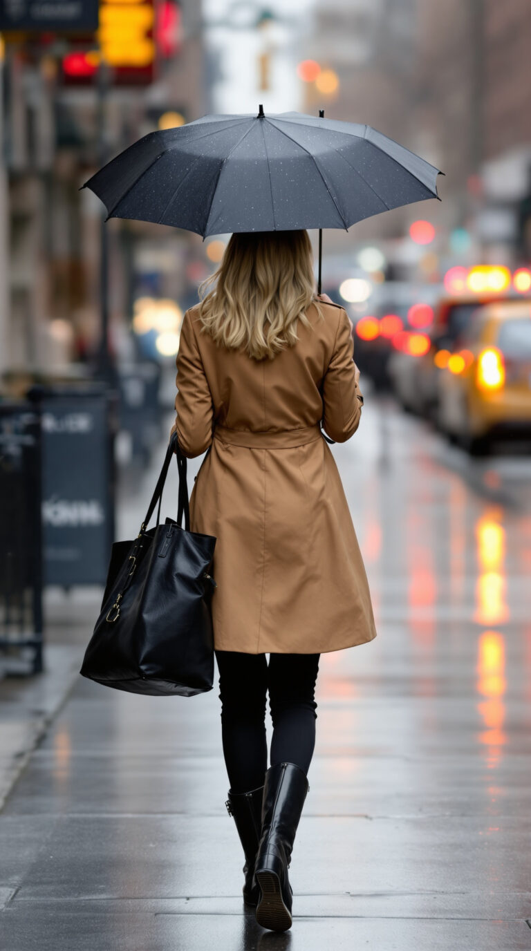 Stylish woman in New York City holding an umbrella, wearing a beige trench coat and black boots — she is showing us chic rainy day outfits
